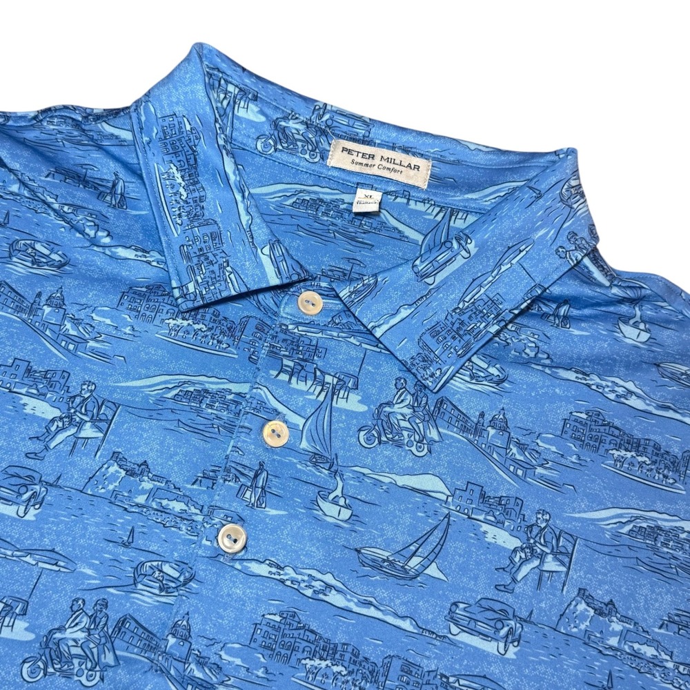 Peter Millar Summer Comfort Golf Polo Shirt Mens XL Blue Coastal Toile Scenic
